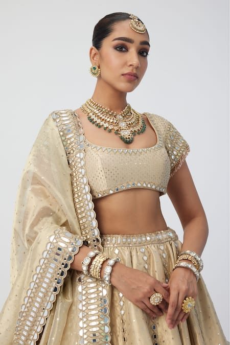 Shop_Vvani By Vani Vats_Gold Organza Mirrors, Cut Work Scoop Neck Embroidered Lehenga Set_Online_at_Aza_Fashions