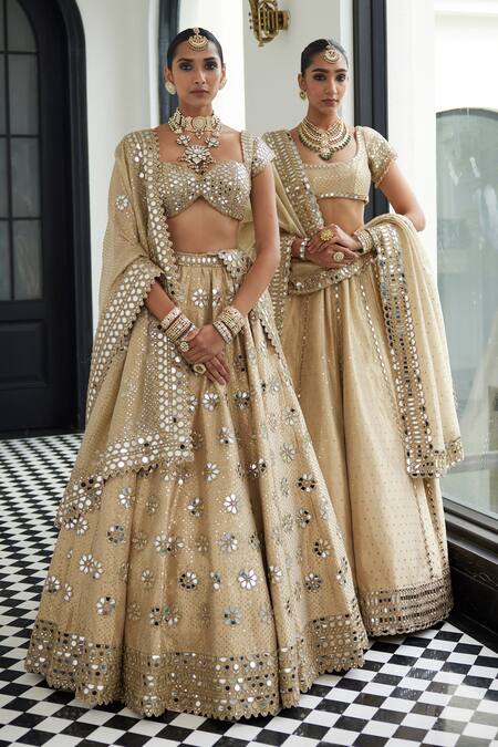 Vvani By Vani Vats_Gold Organza Mirrors, Cut Work Scoop Neck Embroidered Lehenga Set_at_Aza_Fashions