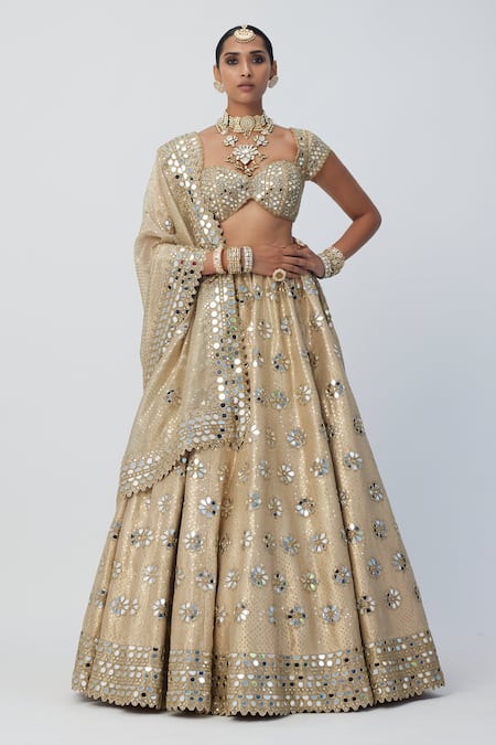 Vvani By Vani Vats Gold Organza, Silk Mirrors, Cut Work, Sequins Embroidered Bridal Lehenga Set Online at Aza Fashions Vvani By Vani Vats_Gold Organza, Silk Mirrors, Cut Work, Sequins Embroidered Bridal Lehenga Set_Online_at_Aza_Fashions