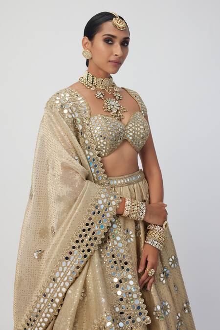 Shop Vvani By Vani Vats Gold Organza, Silk Mirrors, Cut Work, Sequins Embroidered Bridal Lehenga Set Online at Aza Fashions Shop_Vvani By Vani Vats_Gold Organza, Silk Mirrors, Cut Work, Sequins Embroidered Bridal Lehenga Set_Online_at_Aza_Fashions
