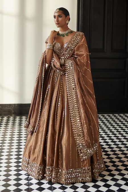 Vvani by Vani Vats Brown Banarasi Shimmer Organza Embroidery Mirror Sweetheart Cutdana Lehenga Set 