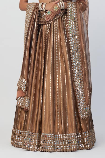 Buy_Vvani By Vani Vats_Brown Organza, Silk Crystals, Cut Work, Mirrors, Sequins, Cutdana Lehenga Set _Online_at_Aza_Fashions