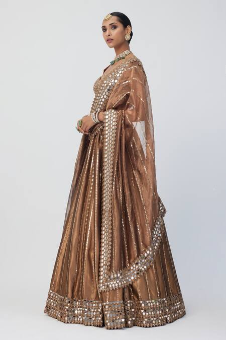 Shop_Vvani By Vani Vats_Brown Organza, Silk Crystals, Cut Work, Mirrors, Sequins, Cutdana Lehenga Set _Online_at_Aza_Fashions