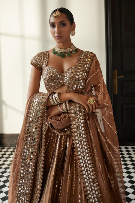Buy_Vvani By Vani Vats_Brown Organza, Silk Crystals, Cut Work, Mirrors, Sequins, Cutdana Lehenga Set 