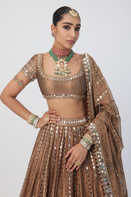 Vvani By Vani Vats_Brown Organza, Silk Cut Work, Mirrors, Sequins, Embroidery Cutdana Lehenga Set _Online_at_Aza_Fashions