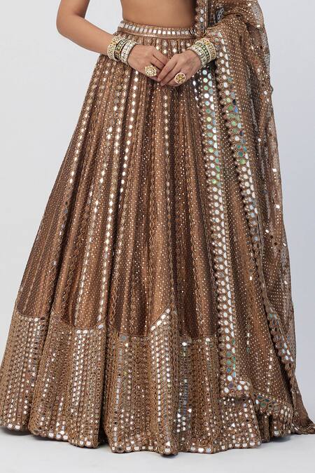 Buy_Vvani By Vani Vats_Brown Organza, Silk Cut Work, Mirrors, Sequins, Embroidery Cutdana Lehenga Set _Online_at_Aza_Fashions