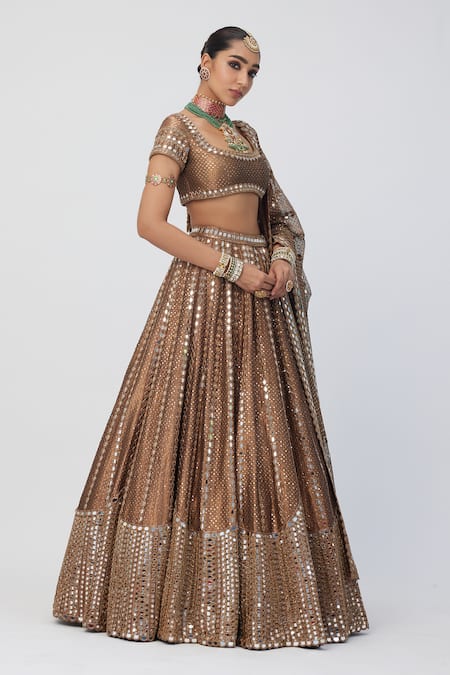 Shop_Vvani By Vani Vats_Brown Organza, Silk Cut Work, Mirrors, Sequins, Embroidery Cutdana Lehenga Set _Online_at_Aza_Fashions
