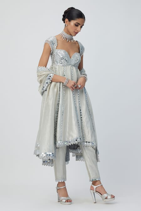 Vvani by Vani Vats Silver Banarasi Shimmer Organza Embroidery Mirror Sweetheart Neck Anarkali Set 