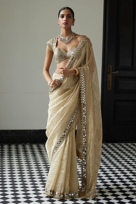 Vvani by Vani Vats Gold Banarasi Shimmer Organza Embroidery Mirror Sweetheart Neck Saree Set 