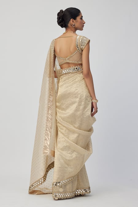 Shop Vvani By Vani Vats Gold Organza, Silk Cut Work, Sequins, Mirrors Sweetheart Embroidered Saree Set at Aza Fashions Shop_Vvani By Vani Vats_Gold Organza, Silk Cut Work, Sequins, Mirrors Sweetheart Embroidered Saree Set_at_Aza_Fashions