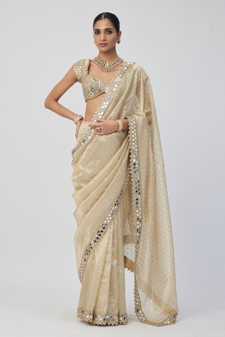 Vvani By Vani Vats Gold Organza, Silk Cut Work, Sequins, Mirrors Sweetheart Embroidered Saree Set Online at Aza Fashions Vvani By Vani Vats_Gold Organza, Silk Cut Work, Sequins, Mirrors Sweetheart Embroidered Saree Set_Online_at_Aza_Fashions