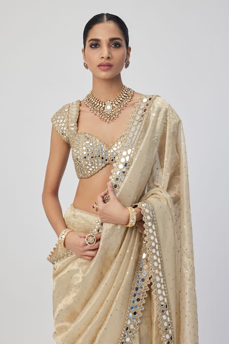 Shop Vvani By Vani Vats Gold Organza, Silk Cut Work, Sequins, Mirrors Sweetheart Embroidered Saree Set Online at Aza Fashions Shop_Vvani By Vani Vats_Gold Organza, Silk Cut Work, Sequins, Mirrors Sweetheart Embroidered Saree Set_Online_at_Aza_Fashions