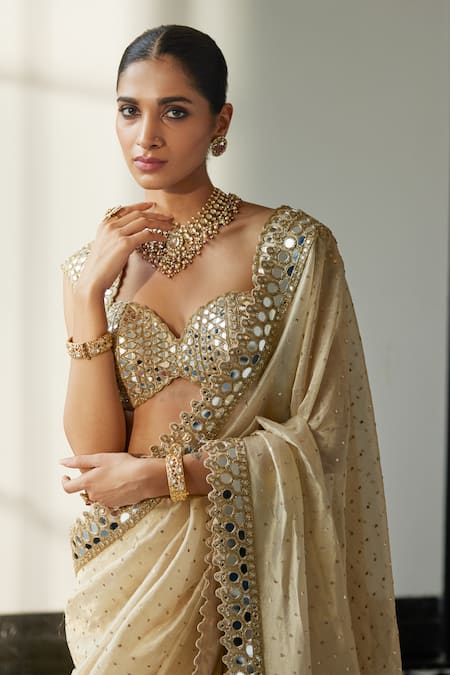 Buy Vvani By Vani Vats Gold Organza, Silk Cut Work, Sequins, Mirrors Sweetheart Embroidered Saree Set Buy_Vvani By Vani Vats_Gold Organza, Silk Cut Work, Sequins, Mirrors Sweetheart Embroidered Saree Set