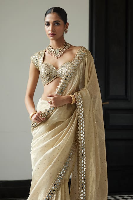 Shop Vvani By Vani Vats Gold Organza, Silk Cut Work, Sequins, Mirrors Sweetheart Embroidered Saree Set Shop_Vvani By Vani Vats_Gold Organza, Silk Cut Work, Sequins, Mirrors Sweetheart Embroidered Saree Set