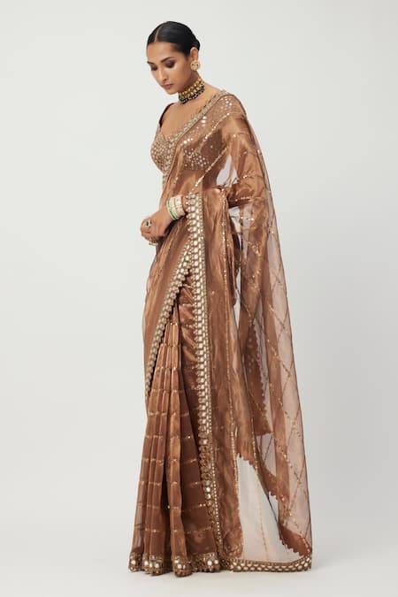 Vvani By Vani Vats_Brown Organza, Silk Sequins, Cut Work, Mirrors Stripe Embroidered Saree Set _Online_at_Aza_Fashions