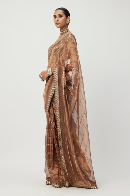 Buy_Vvani By Vani Vats_Brown Organza, Silk Sequins, Cut Work, Mirrors Stripe Embroidered Saree Set _Online_at_Aza_Fashions