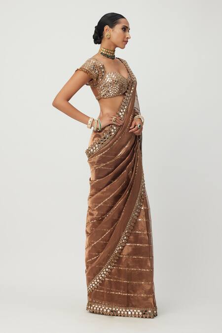 Shop_Vvani By Vani Vats_Brown Organza, Silk Sequins, Cut Work, Mirrors Stripe Embroidered Saree Set _Online_at_Aza_Fashions