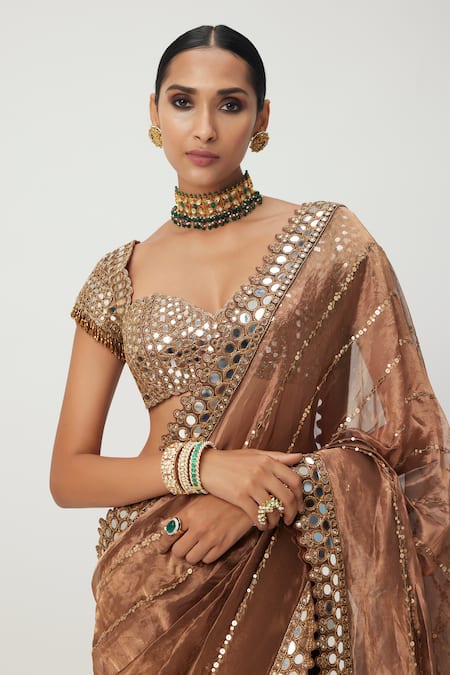 Vvani By Vani Vats_Brown Organza, Silk Sequins, Cut Work, Mirrors Stripe Embroidered Saree Set _at_Aza_Fashions