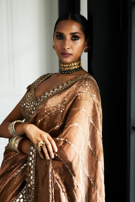Buy_Vvani By Vani Vats_Brown Organza, Silk Sequins, Cut Work, Mirrors Stripe Embroidered Saree Set 