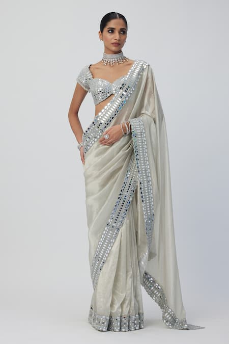 Vvani By Vani Vats_Silver , Silk Sequins, Cut Work, Cutdana Saree With Blouse_Online_at_Aza_Fashions