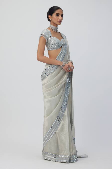 Buy_Vvani By Vani Vats_Silver , Silk Sequins, Cut Work, Cutdana Saree With Blouse_Online_at_Aza_Fashions