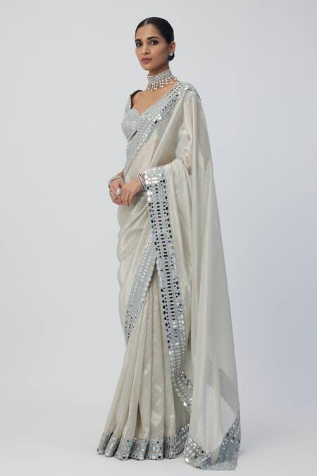Shop_Vvani By Vani Vats_Silver , Silk Sequins, Cut Work, Cutdana Saree With Blouse_Online_at_Aza_Fashions
