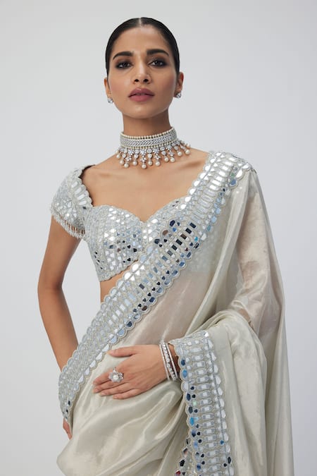 Vvani By Vani Vats_Silver , Silk Sequins, Cut Work, Cutdana Saree With Blouse_at_Aza_Fashions