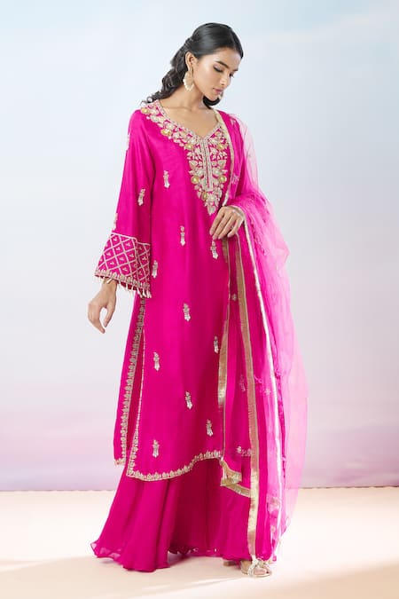 Shop Samyukta Singhania Pink Denim, Chiffon, Net Beads, Floral Hand Embroidered Kurta Sharara Set Online at Aza Fashions Shop_Samyukta Singhania_Pink Denim, Chiffon, Net Beads, Floral Hand Embroidered Kurta Sharara Set _Online_at_Aza_Fashions