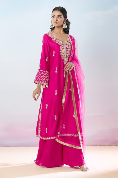 Buy Samyukta Singhania Pink Denim, Chiffon, Net Beads, Floral Hand Embroidered Kurta Sharara Set Buy_Samyukta Singhania_Pink Denim, Chiffon, Net Beads, Floral Hand Embroidered Kurta Sharara Set