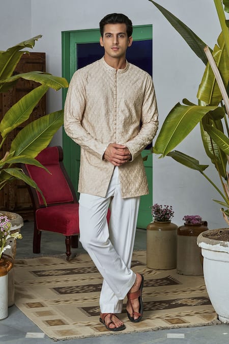 Philocaly_Beige Chanderi Embroidery Short Kurta _at_Aza_Fashions