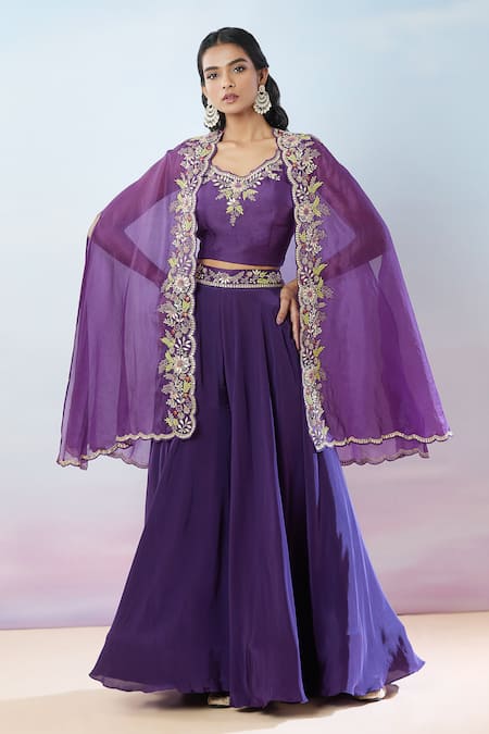 Buy_Samyukta Singhania_Purple Crepe Beads, Gota Patti, Pearls, Embroidery Floral Cape And Skirt Set 