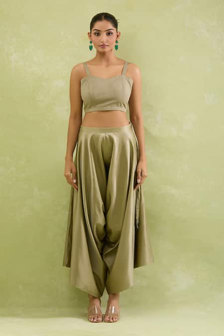 Prisho_Brown Silk V-neck Floral Dori Embellished Kaftan And Pant Set _Online_at_Aza_Fashions