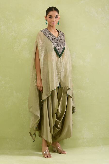 Shop_Prisho_Brown Silk V-neck Floral Dori Embellished Kaftan And Pant Set _Online_at_Aza_Fashions