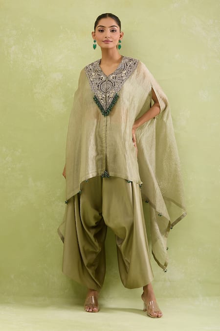 Prisho_Brown Silk V-neck Floral Dori Embellished Kaftan And Pant Set _at_Aza_Fashions