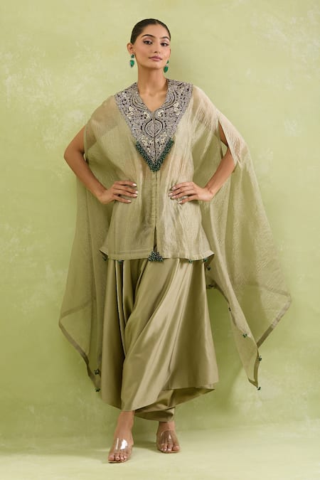 Buy_Prisho_Brown Silk V-neck Floral Dori Embellished Kaftan And Pant Set 
