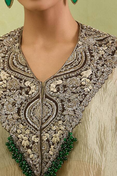 Shop_Prisho_Brown Silk V-neck Floral Dori Embellished Kaftan And Pant Set 