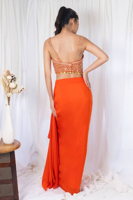 Lavina Sippy Orange Embroidered Draped Skirt Set With Cape 