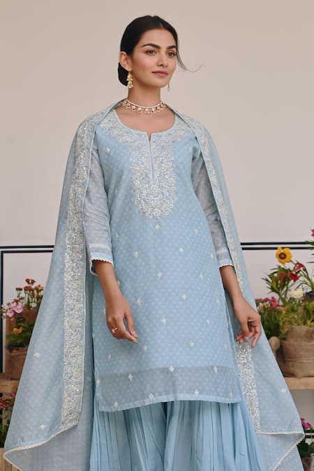 Shop_Karaj Jaipur_Sky Blue Chanderi, Cotton Embroidery, Sequins Floral Thread Kurta And Sharara Set 