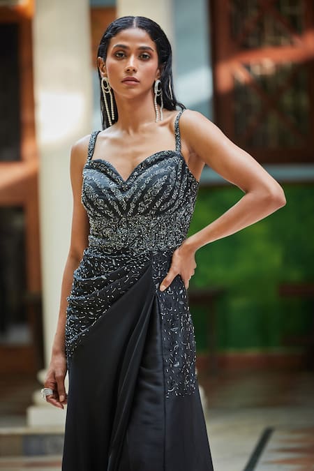 Buy Bohame Black Satin, Chiffon Cut Work Sweetheart Neck Cutdana Embroidered Gown Online at Aza Fashions Buy_Bohame_Black Satin, Chiffon Cut Work Sweetheart Neck Cutdana Embroidered Gown _Online_at_Aza_Fashions