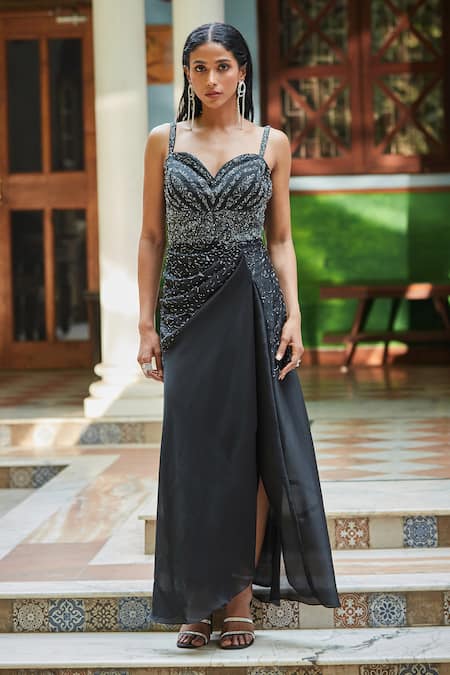Shop Bohame Black Satin, Chiffon Cut Work Sweetheart Neck Cutdana Embroidered Gown Online at Aza Fashions Shop_Bohame_Black Satin, Chiffon Cut Work Sweetheart Neck Cutdana Embroidered Gown _Online_at_Aza_Fashions