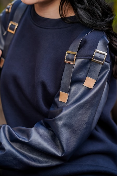 The Episode_Blue Fleece Round Neck Navy Fringed Sweatshirt _Online_at_Aza_Fashions