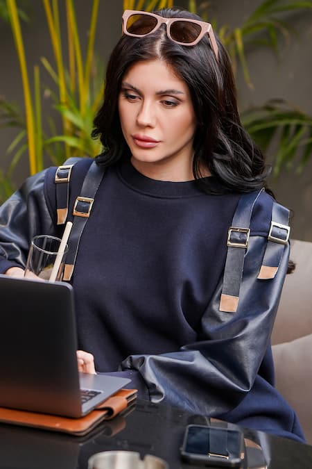 Buy_The Episode_Blue Fleece Round Neck Navy Fringed Sweatshirt _Online_at_Aza_Fashions