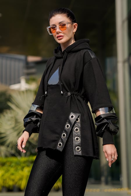 Shop_The Episode_Black Fleece 52% Cotton And 48% Polyester Plain Hooded Cinched Waisted Sweatshirt _at_Aza_Fashions