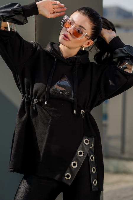 The Episode_Black Fleece 52% Cotton And 48% Polyester Plain Hooded Cinched Waisted Sweatshirt _Online_at_Aza_Fashions