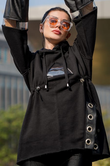 Shop_The Episode_Black Fleece 52% Cotton And 48% Polyester Plain Hooded Cinched Waisted Sweatshirt _Online_at_Aza_Fashions