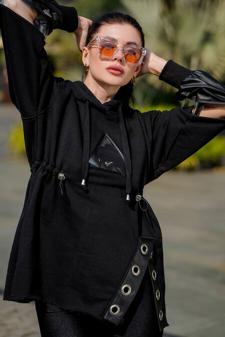 The Episode_Black Fleece 52% Cotton And 48% Polyester Plain Hooded Cinched Waisted Sweatshirt _at_Aza_Fashions