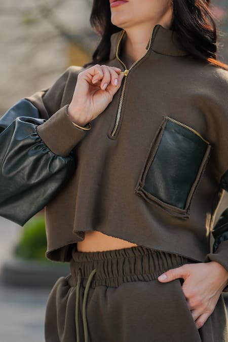 The Episode_Green Fleece 52% Cotton And Cropped Olive Sweatshirt With Leatherette Sleeves _Online_at_Aza_Fashions