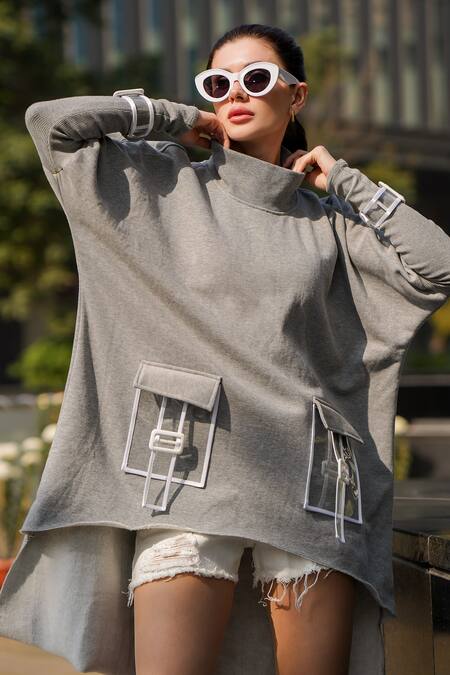 Buy_The Episode_Gray Fleece High Neck Asymmetric Low Sweatshirt _Online_at_Aza_Fashions