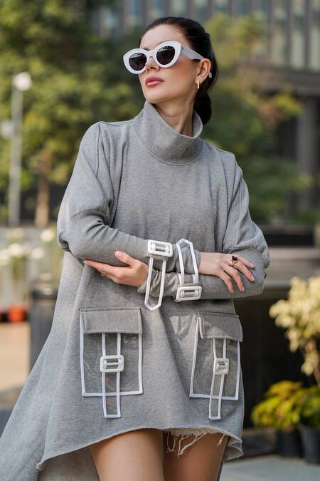 Buy_The Episode_Gray Fleece High Neck Asymmetric Low Sweatshirt 