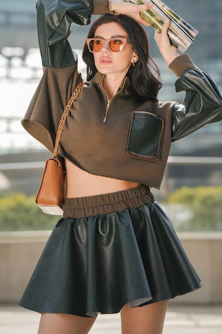 Buy_The Episode_Green Fleece 52% Cotton And 48% Polyester Olive Cropped Sweatshirt & Skirt Set _Online_at_Aza_Fashions